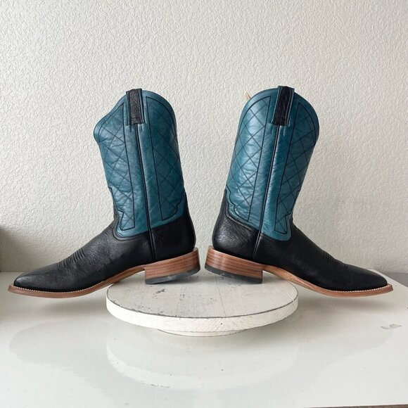 NEW Rod Patrick Mens Cowboy Boots 14A Black Ostrich Blue Top Leather Square Toe - Picture 9 of 14